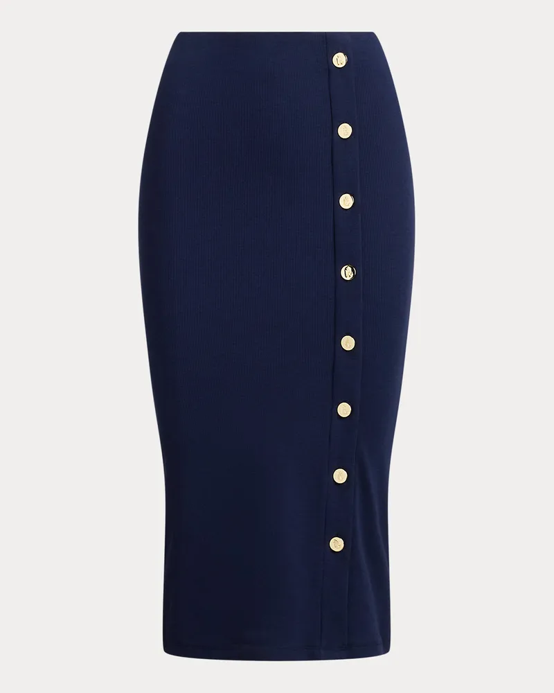 Ralph Lauren Rippenstrick-Bleistiftrock mit Knöpfen Blue