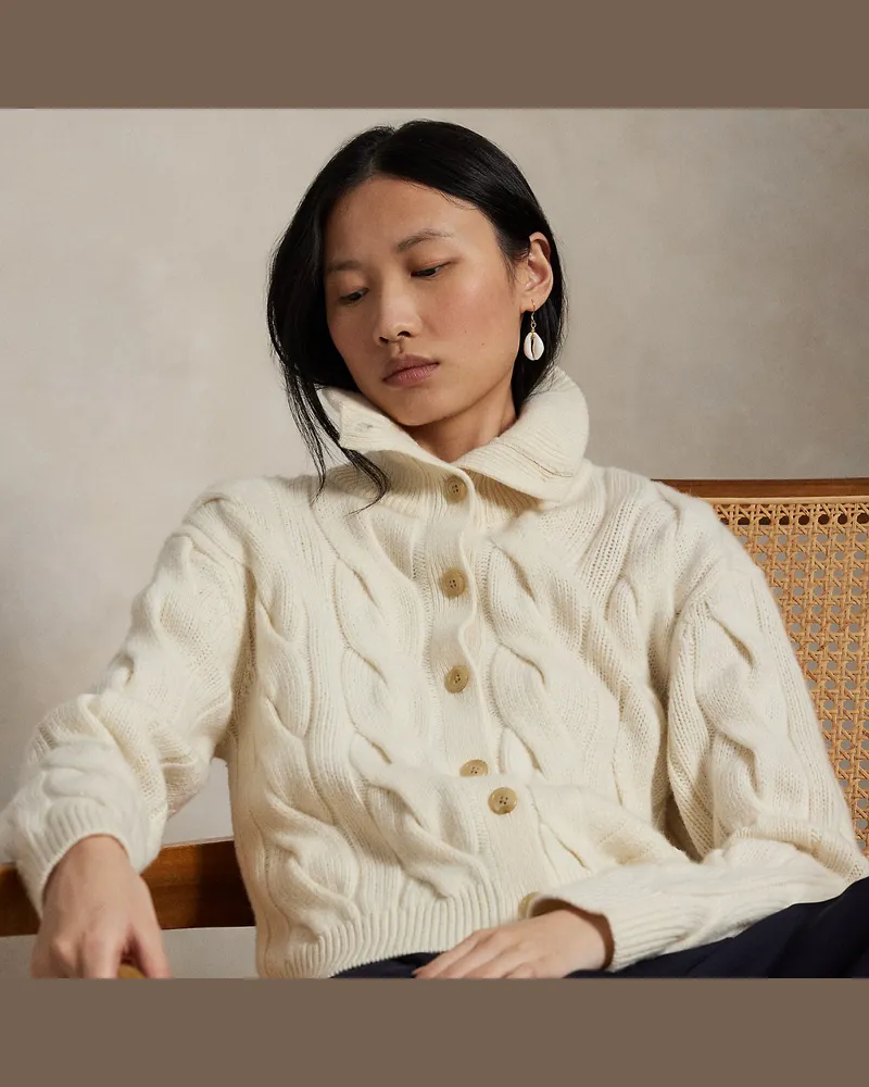 Ralph Lauren Zopfmuster-Strickjacke mit Tunnelkragen White