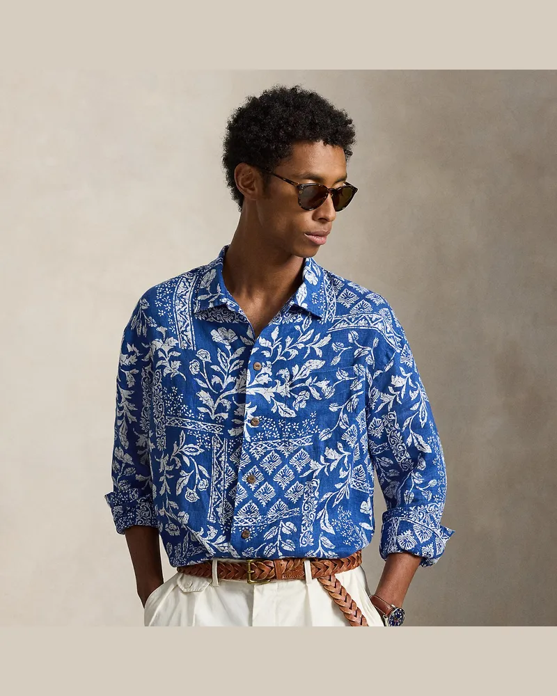 Ralph Lauren Geblümtes Kurzarmhemd aus Leinen Blue