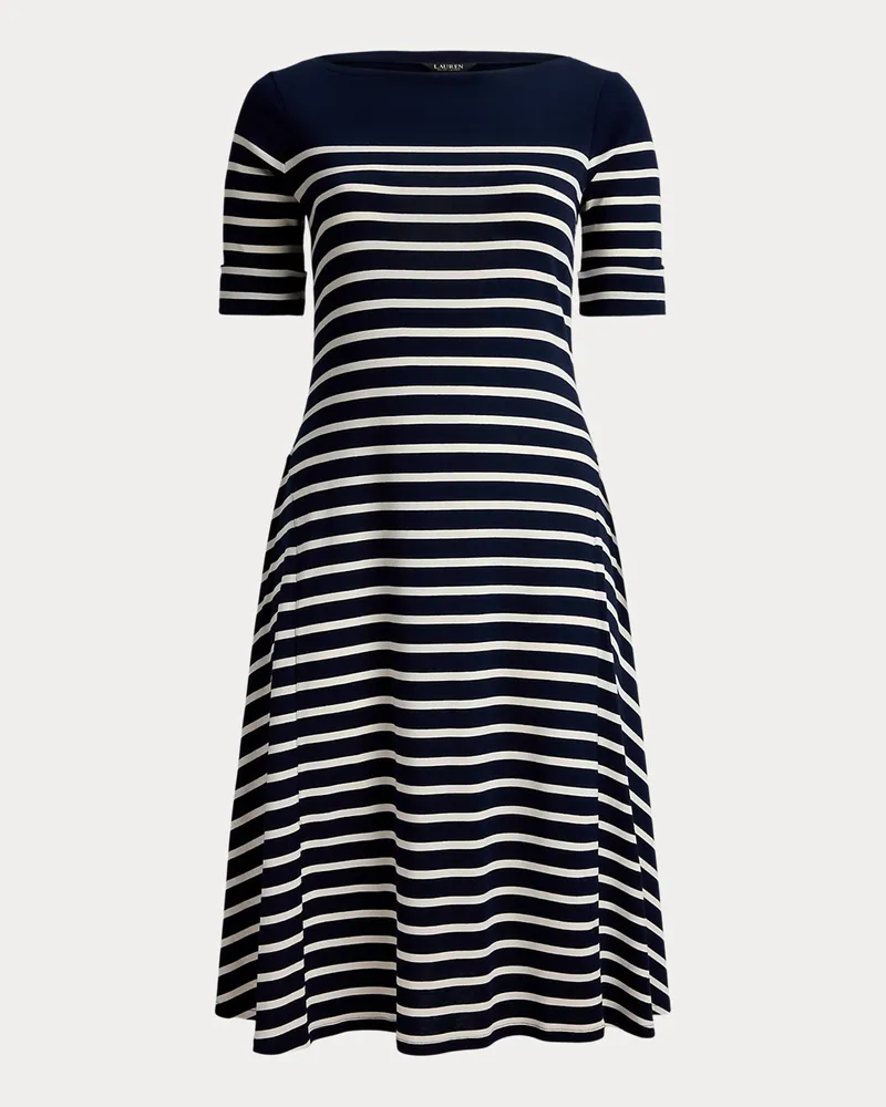 Ralph Lauren Plus Größen - Gestreiftes Midi-Rippenstrickkleid Blue