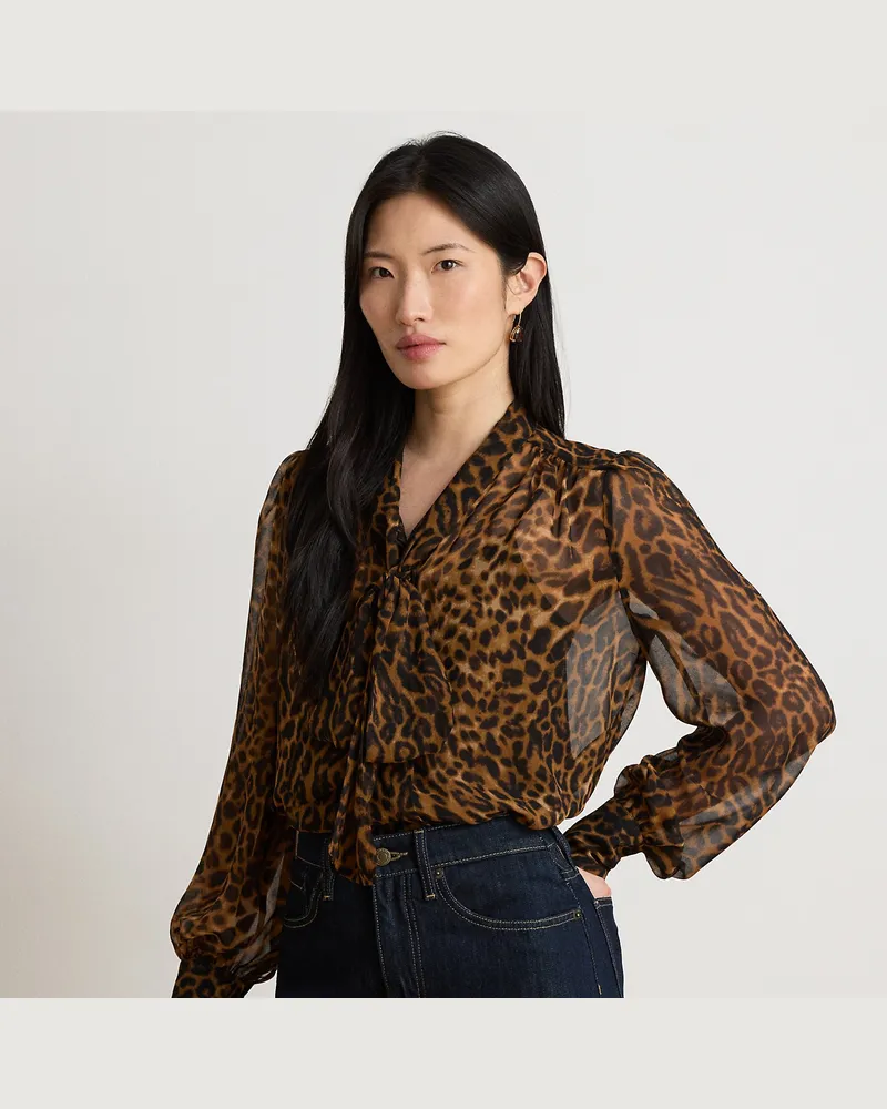 Ralph Lauren Bedruckte Chiffonbluse mit Bindedetail Tan