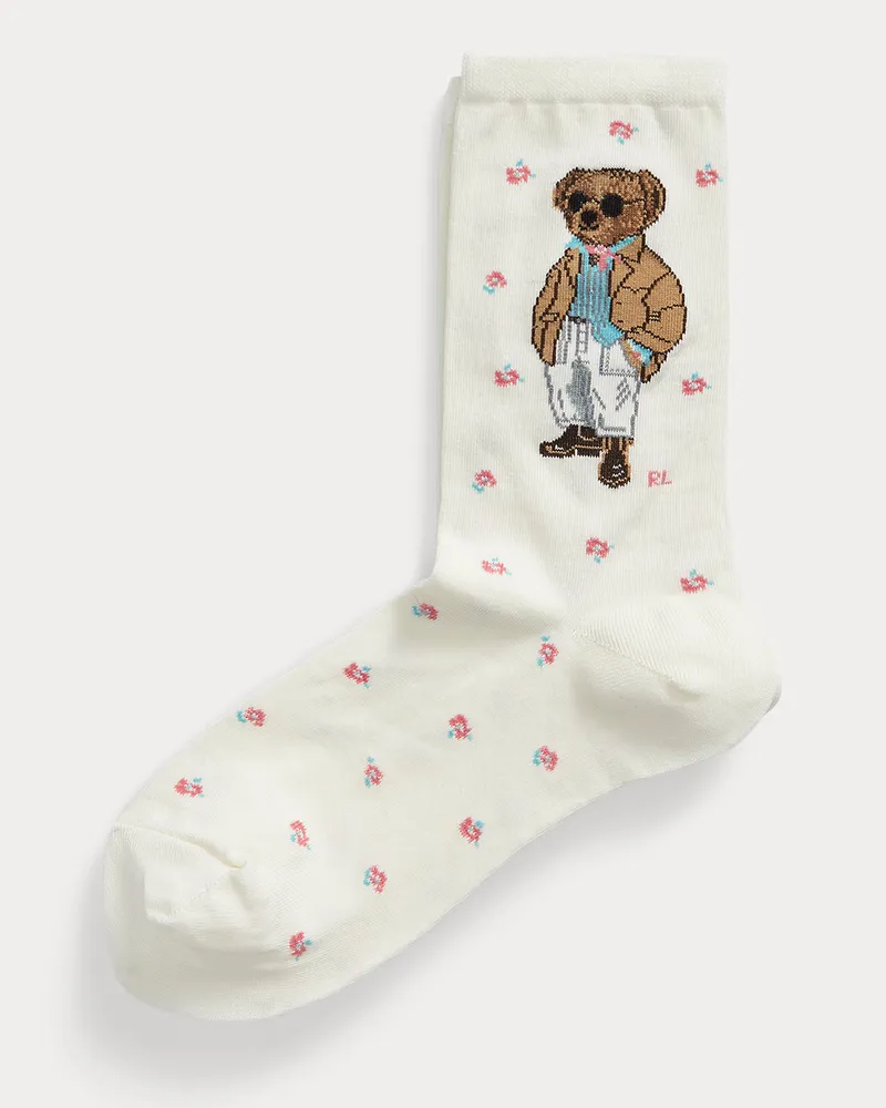 Ralph Lauren Geblümte Crew-Socken mit Polo Bear White