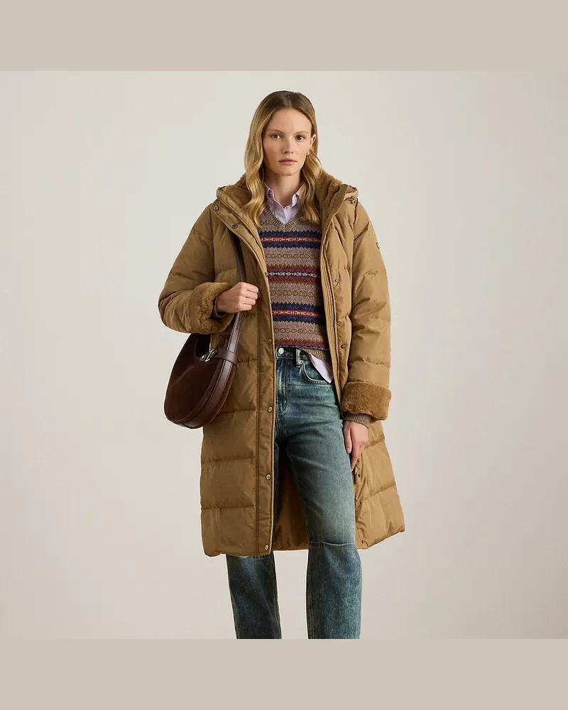 Ralph Lauren Daunenmantel mit Kapuze und Kunstpelz Tan