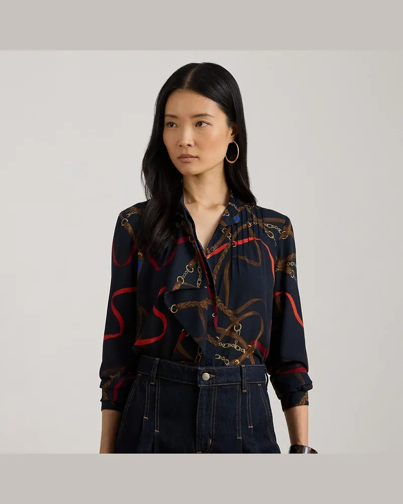 Ralph Lauren Bedrucktes Georgette-Hemd mit Rüschen Blue