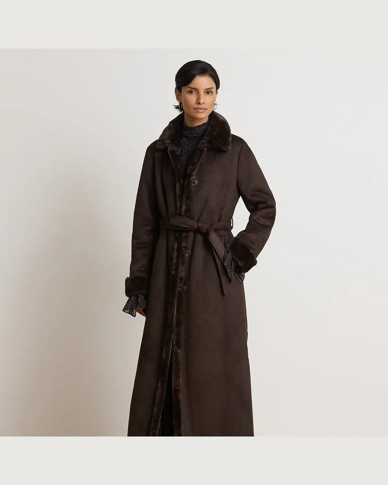 Ralph Lauren Maxi-Mantel aus Kunstlammfell mit Gürtel Brown