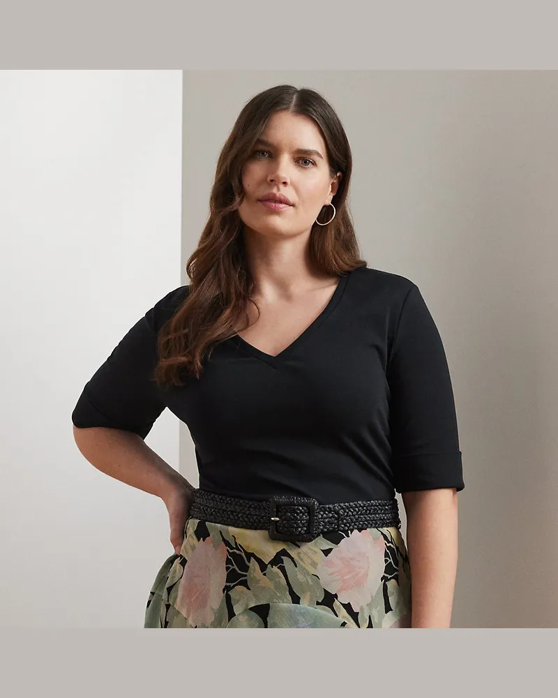 Ralph Lauren Plus Größen - Baumwollstretch-T-Shirt mit V-Ausschnitt Black