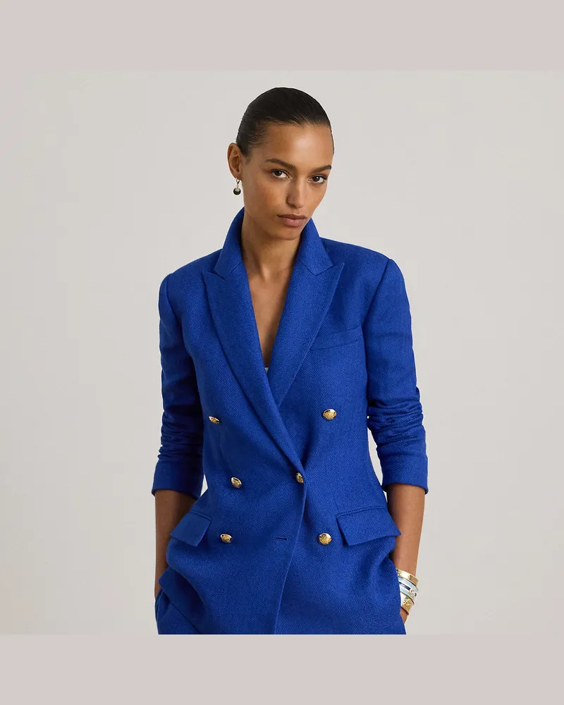 Ralph Lauren Kurzgrößen - Zweireihiger Leinen-Baumwoll-Blazer Blue