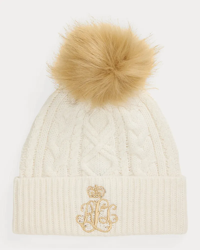Ralph Lauren Gestickte Zopfmuster-Bommelmütze Cream