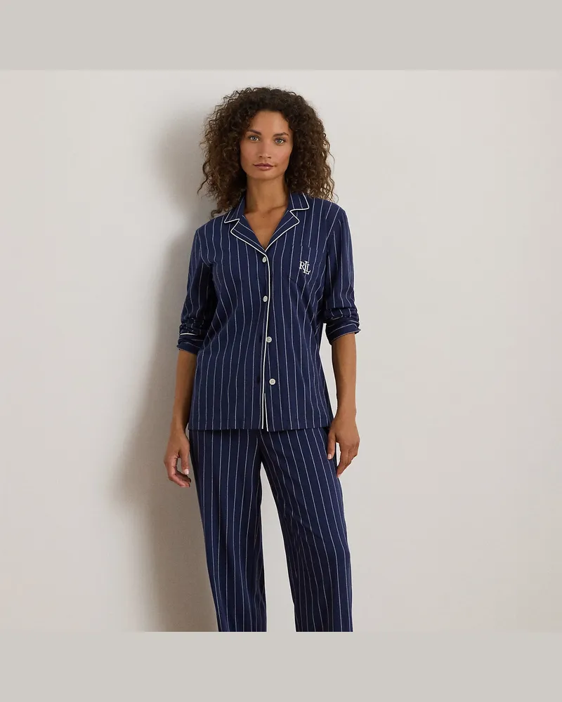 Ralph Lauren Gestreifter Pyjama aus Baumwolljersey Blue
