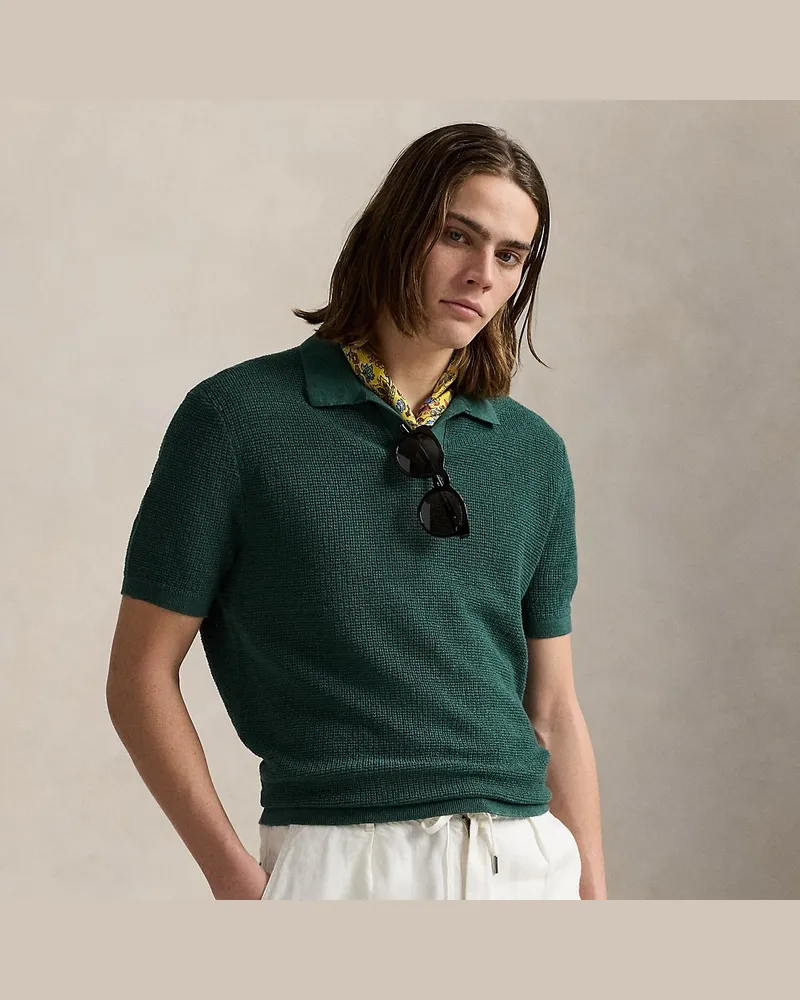 Ralph Lauren Leinenpiqué-Pullover mit Johnny-Kragen Green