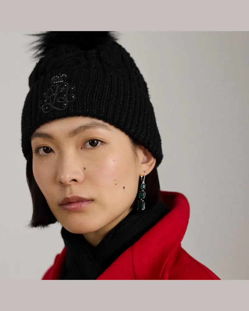 Ralph Lauren Bestickte Zopfmuster-Bommelmütze Black