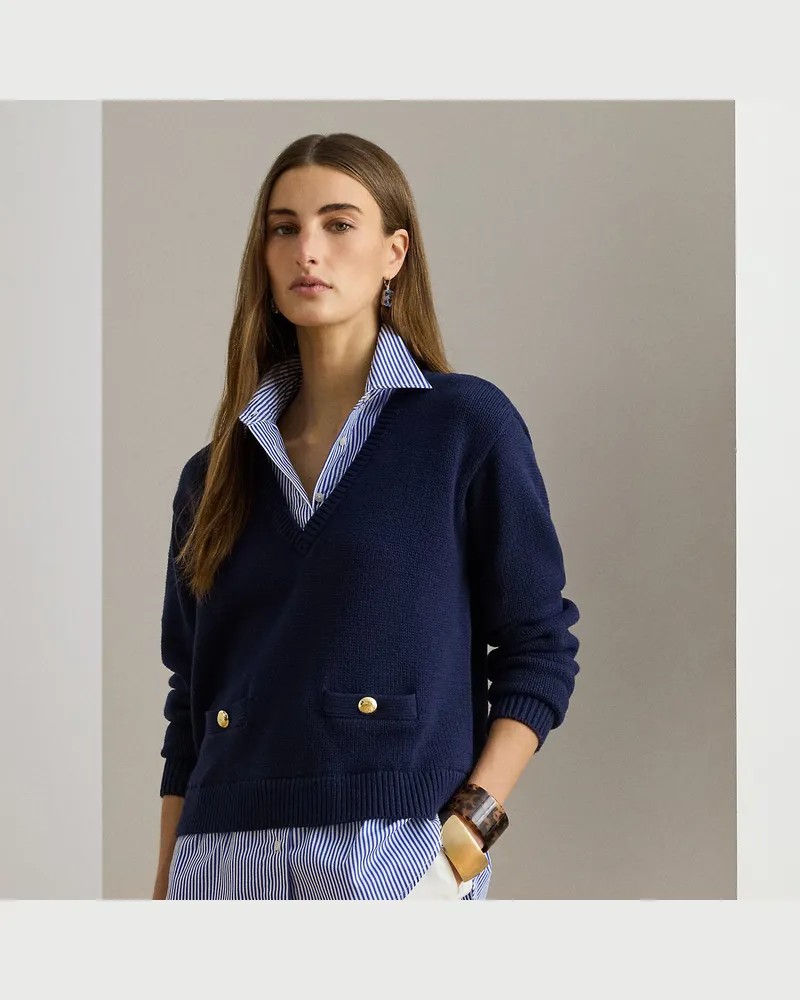 Ralph Lauren Lagenlook-Baumwollpullover mit Knöpfen Blue