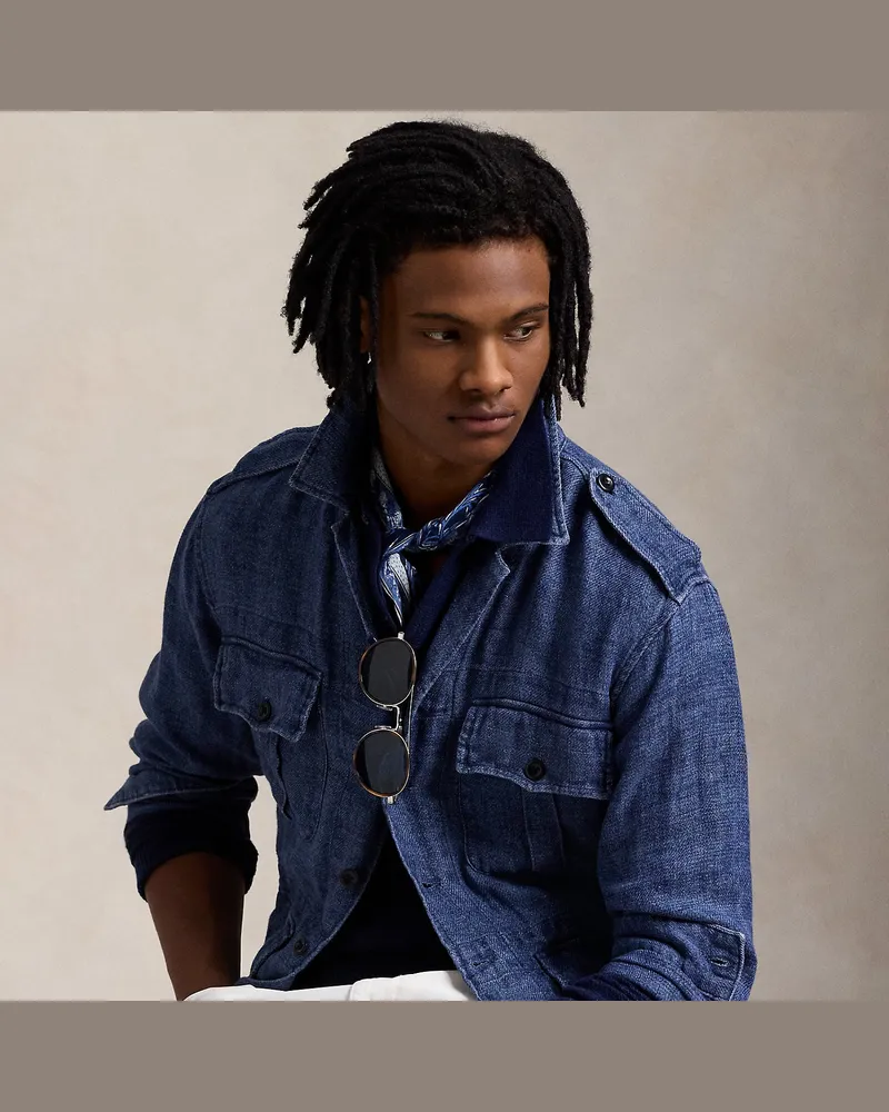 Ralph Lauren Leinen-Hemdjacke mit Fischgratmuster Blue