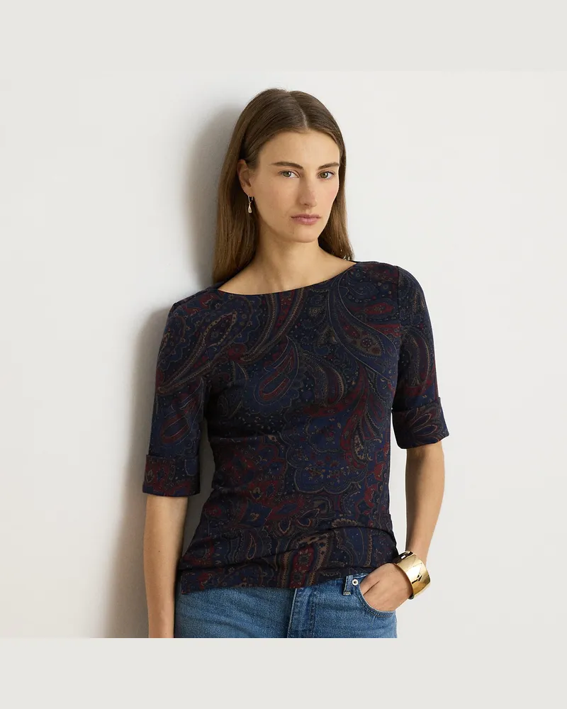 Ralph Lauren Paisley-T-Shirt mit U-Boot-Ausschnitt Blue