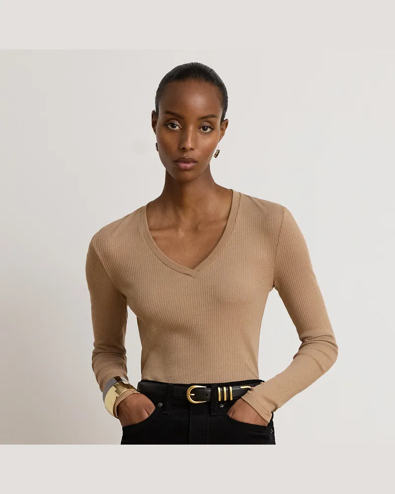 Ralph Lauren Kurzgrößen - Langarmoberteil im Rippenstrick Tan