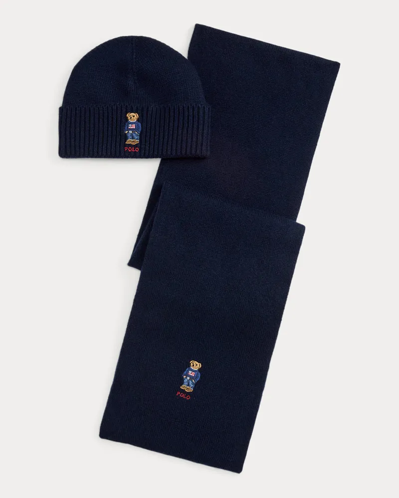 Ralph Lauren Set mit Mütze und Schal mit Polo Bear Blue