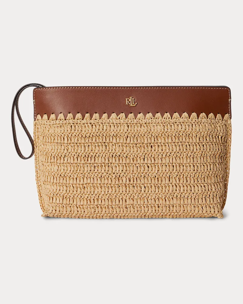 Ralph Lauren Gehäkelte Stroh-Pochette mit Lederbesatz Natural