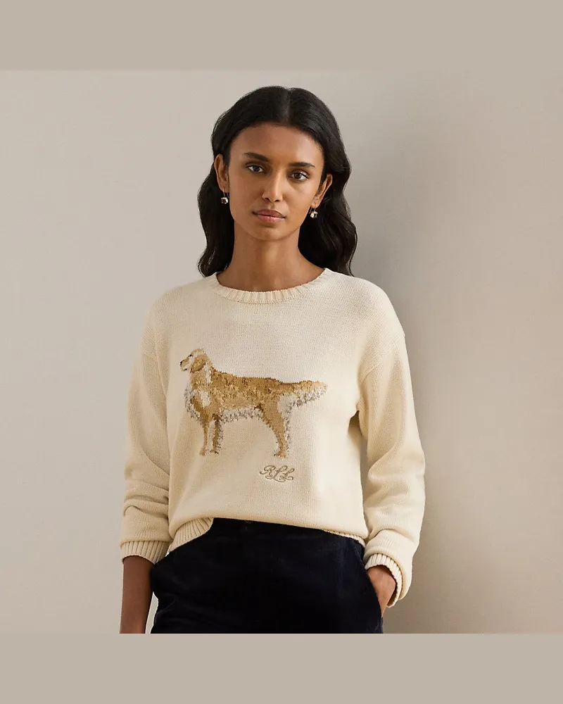 Ralph Lauren Kurzgrößen - Strickpullover mit Golden Retriever Cream
