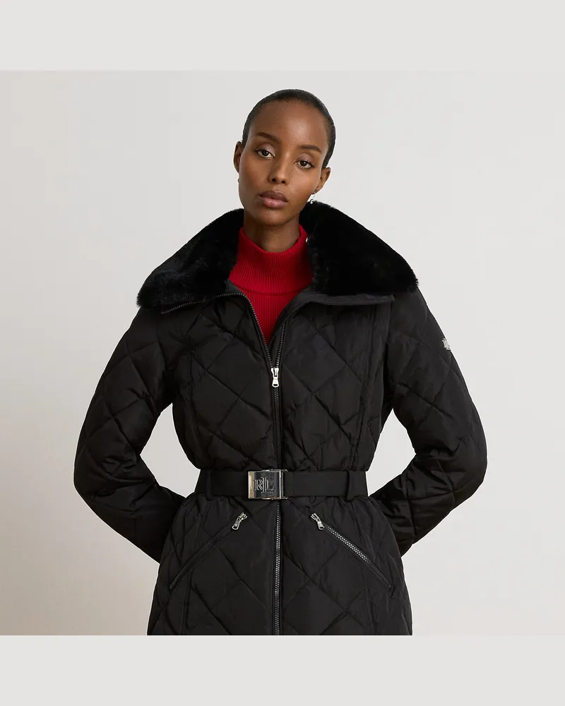 Ralph Lauren Daunen-Steppmantel mit Kunstpelzbesatz Black