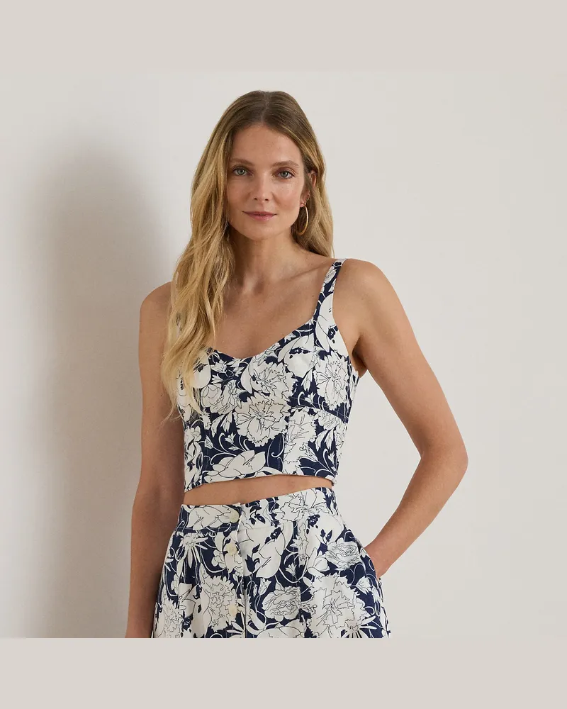 Ralph Lauren Verkürzte Leinenbluse mit Blumenmuster White