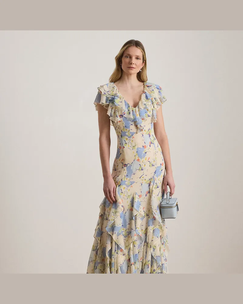 Ralph Lauren Geblümtes Abendkleid mit Rüschen Blue