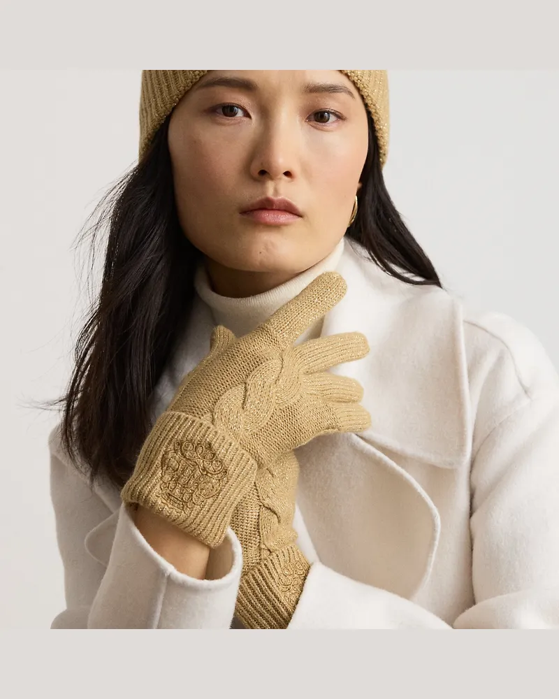 Ralph Lauren Metallic-Strickhandschuhe mit Wappen Tan