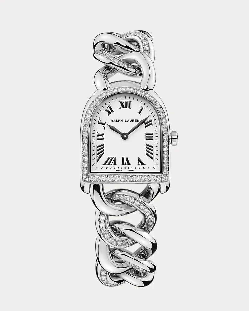 Ralph Lauren Zierliche Uhr Steel und Diamond Stirrup White