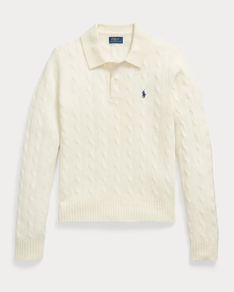 Ralph Lauren Pullover mit Zopfmuster und Polokragen White