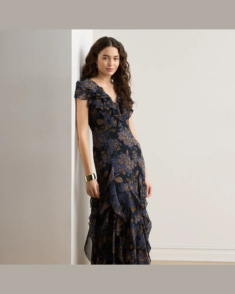 Ralph Lauren Geblümtes Abendkleid mit Rüschen Blue