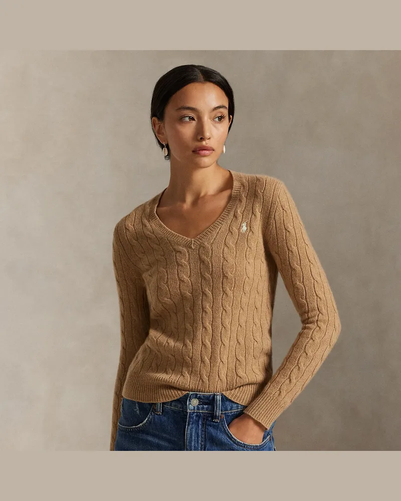 Ralph Lauren Woll-Kaschmir-Pullover mit Zopfmuster Tan