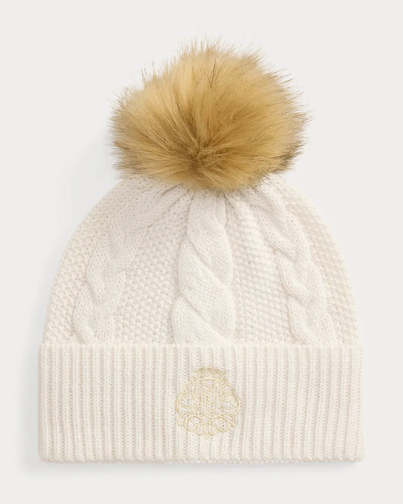 Ralph Lauren Bommelmütze mit Zopfmuster und Wappen Cream