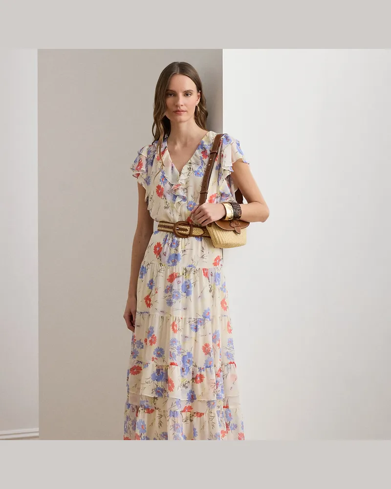 Ralph Lauren Geblümtes Stufenkleid mit Gürtel Cream