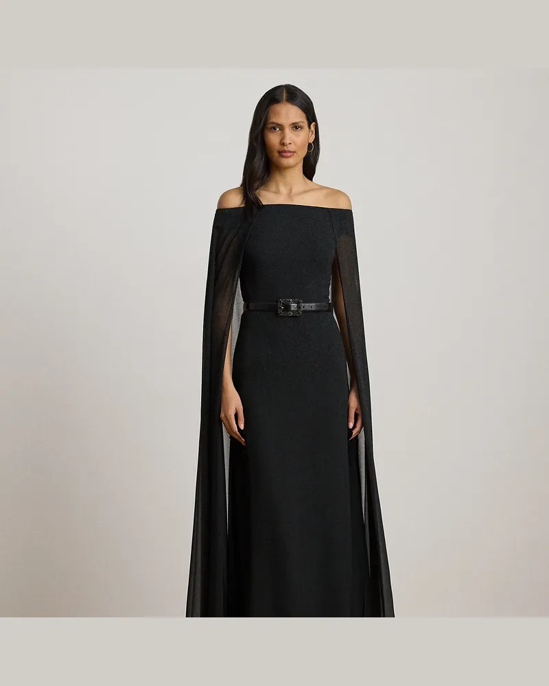 Ralph Lauren Schulterfreies Chiffonkleid mit Cape Black