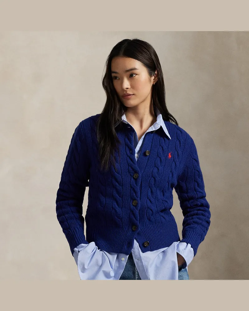 Ralph Lauren Woll-Kaschmir-Strickjacke mit Zopfmuster Blue