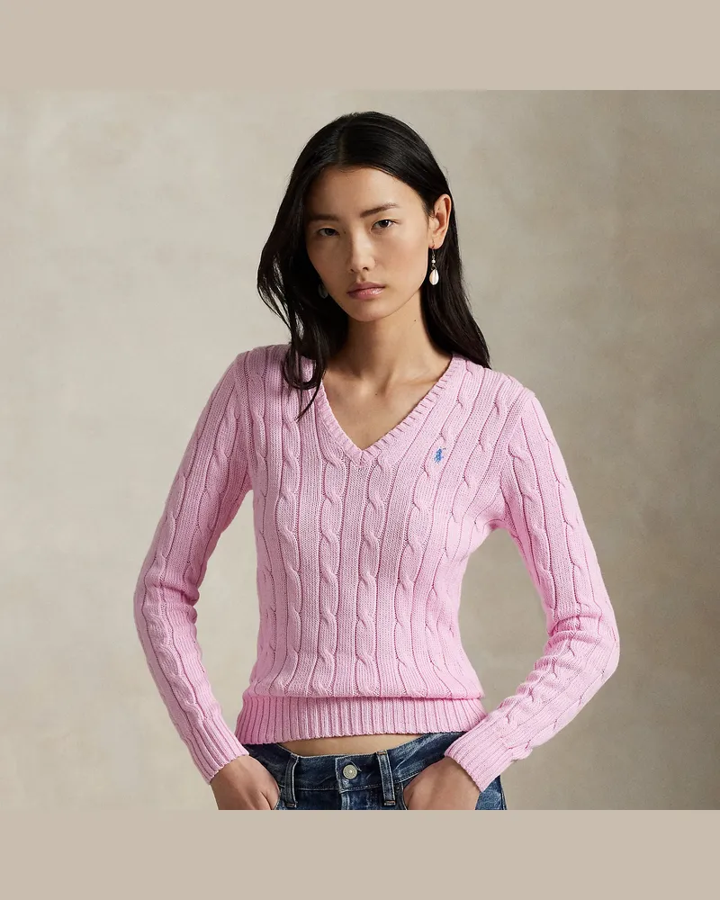Ralph Lauren Zopfmusterpullover mit V-Ausschnitt Pink