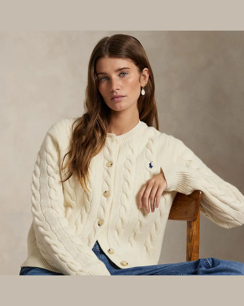 Ralph Lauren Woll-Kaschmir-Strickjacke mit Zopfmuster White