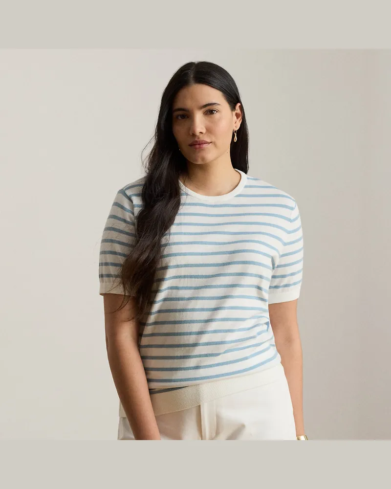 Ralph Lauren Plus Größen - Gestreifter Baumwoll-Kurzarmpullover White