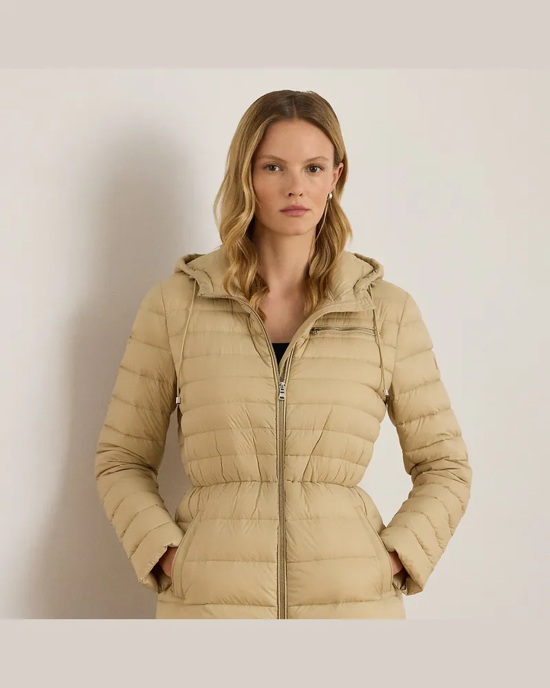 Ralph Lauren Hooded Channel-Quilted Down Coat Tan
