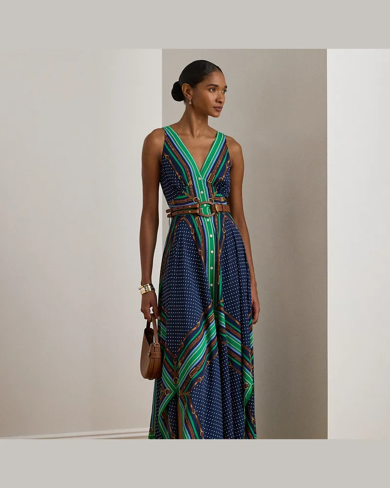 Ralph Lauren Gepunktetes Georgette-Kleid mit Gürtel Blue