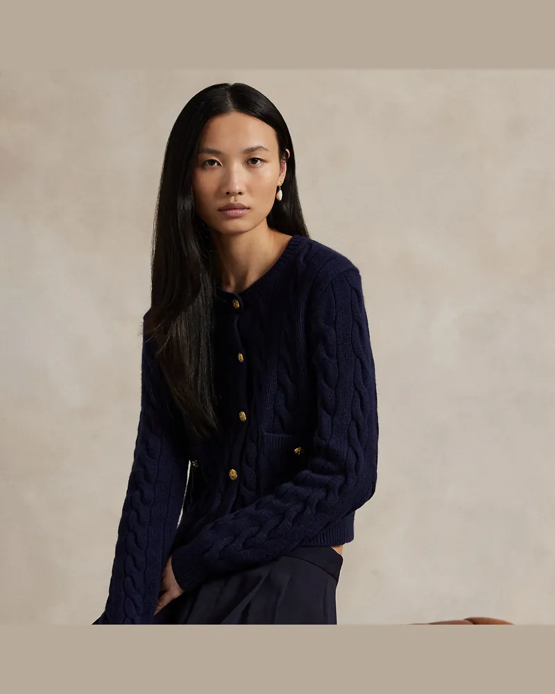 Ralph Lauren Woll-Kaschmir-Strickjacke mit Zopfmuster Blue