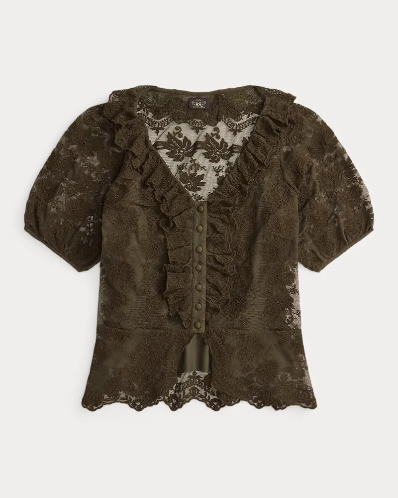 Ralph Lauren Bestickte Spitzenbluse mit Rüschenbesatz Green