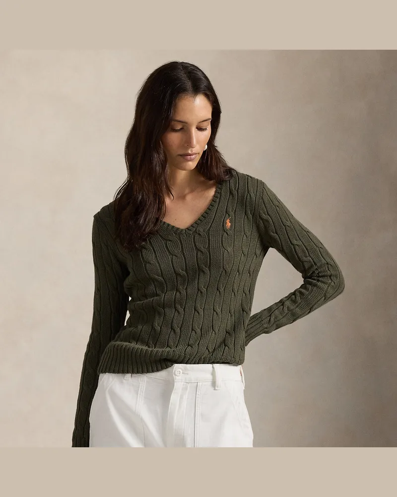 Ralph Lauren Zopfmusterpullover mit V-Ausschnitt Green