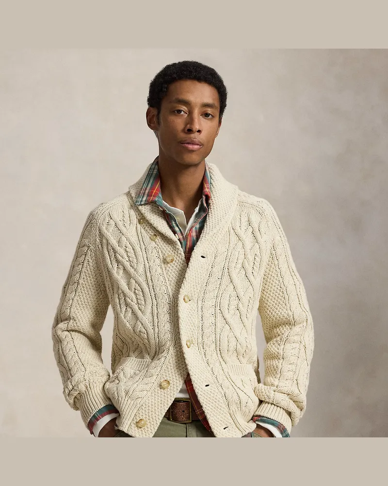 Ralph Lauren Aran-Baumwollstrickjacke mit Schalkragen Cream
