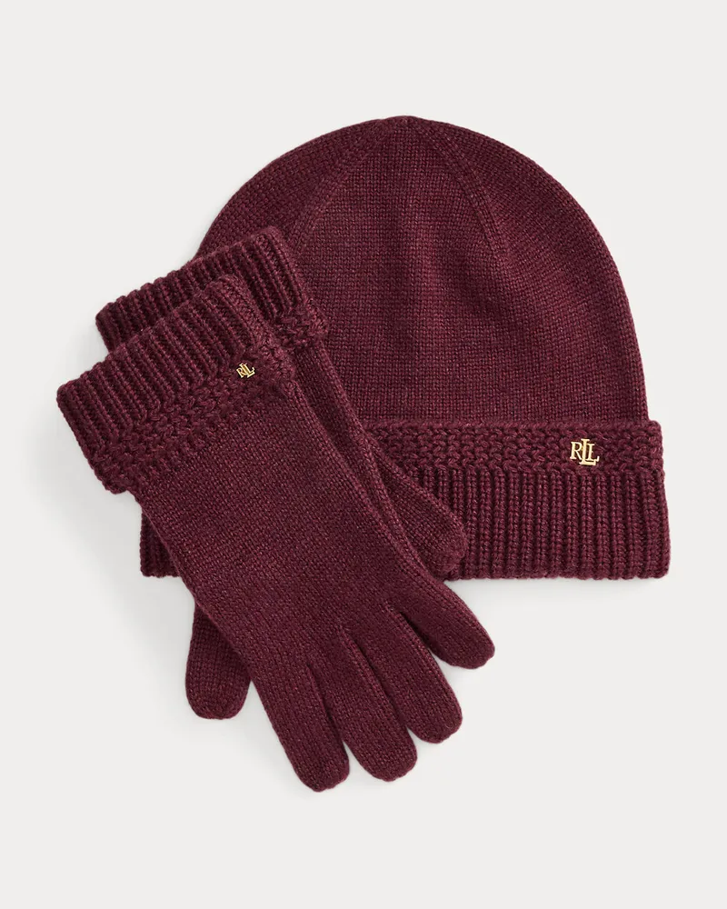 Ralph Lauren Beanie & Handschuhe im Fischgrätstrick Red