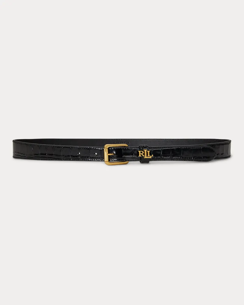 Ralph Lauren Schmaler Krokogürtel mit Logo-Schlaufe Black
