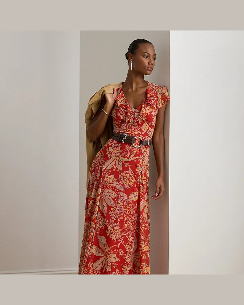Ralph Lauren Geblümtes Abendkleid mit Gürtel Red