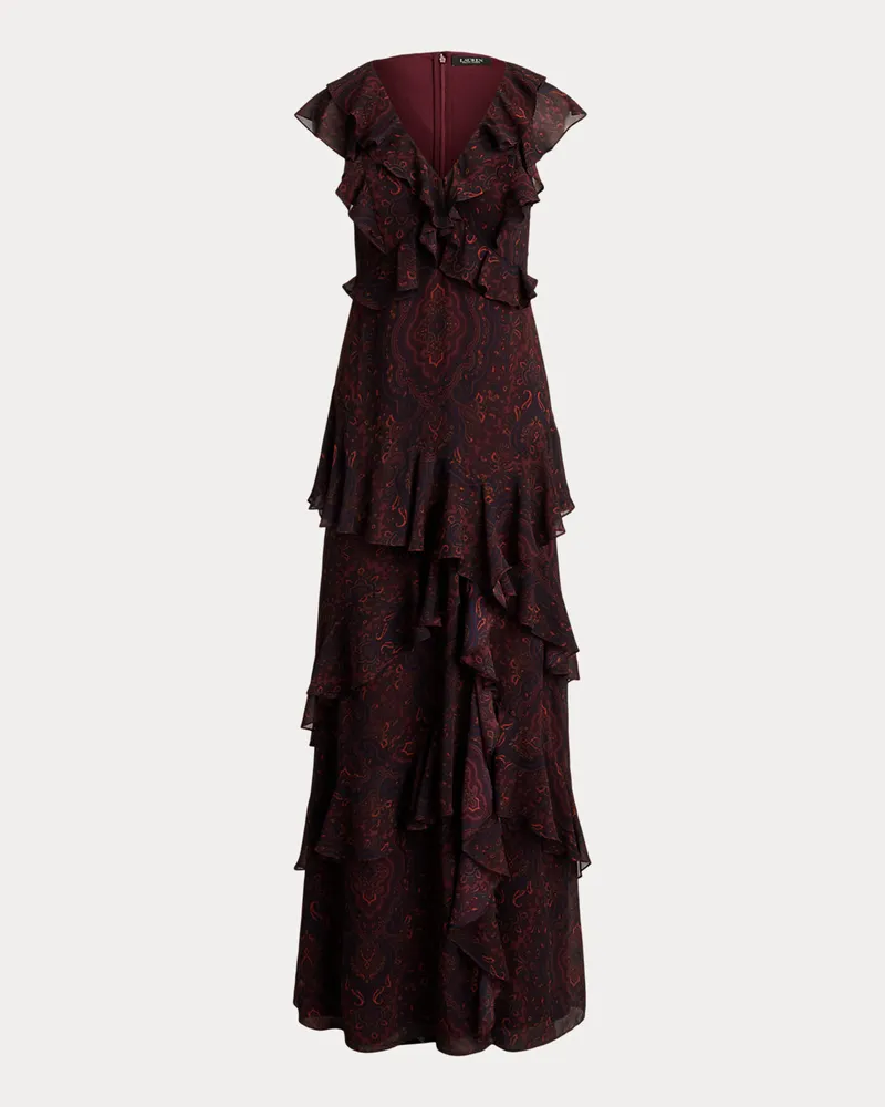 Ralph Lauren Paisley-Georgette-Abendkleid mit Rüschen Red