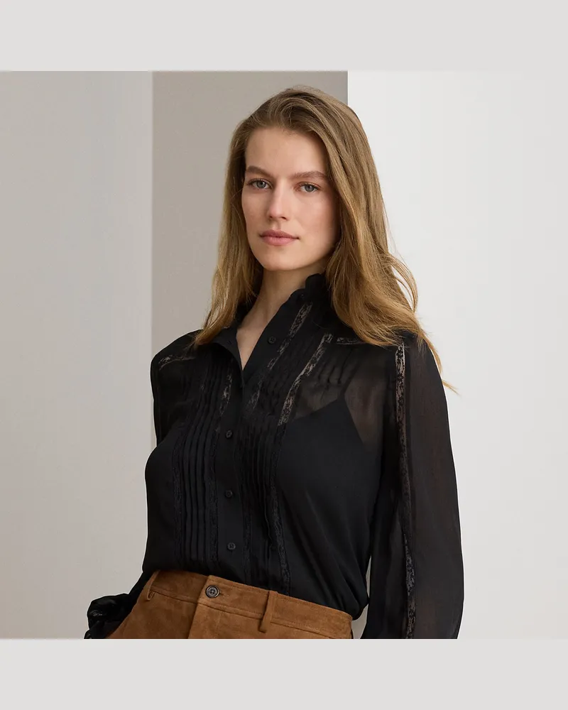 Ralph Lauren Knittergeorgette-Bluse mit Spitzenbesatz Black