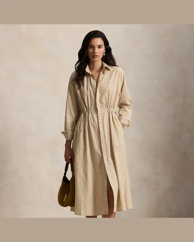 Ralph Lauren Gestreiftes Hemdkleid mit Tunnelzug Tan