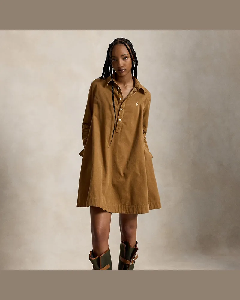 Ralph Lauren Kordsamt-Hemdkleid mit Kellerfalten Tan